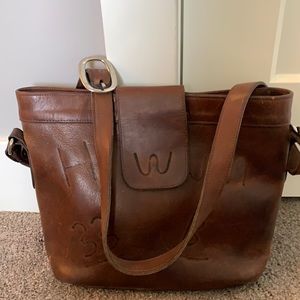 Two Bar West leather crossbody bucket purse.
